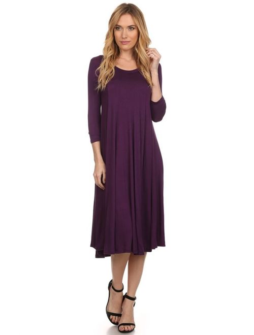 Women's 3/4 sleeves solid midi dress