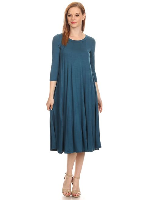 Women's 3/4 sleeves solid midi dress