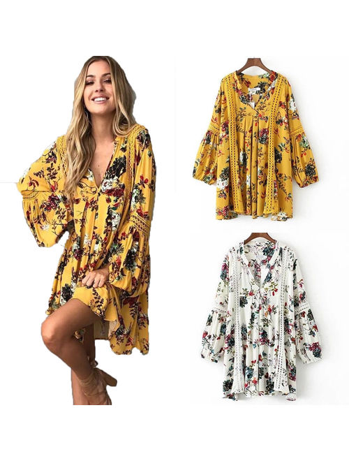 Women Hollow Out Boho Spring Summer Vintage Loose Lace Lantern Sleeve Ruffle Floral V Neckline Tunic Dress