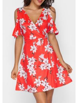 V-neck Short Sleeve Cold Shoulder Floral Printing Mini Dress