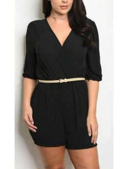 Plus 3/4 Sleeve Belted Wrap V neck Jumpsuit Jumper Short Dress Romper Playsuit