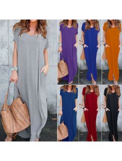 Women T-Shirt Long Maxi Dress Split Evening Party Shirt Dress Summer Beach Dress