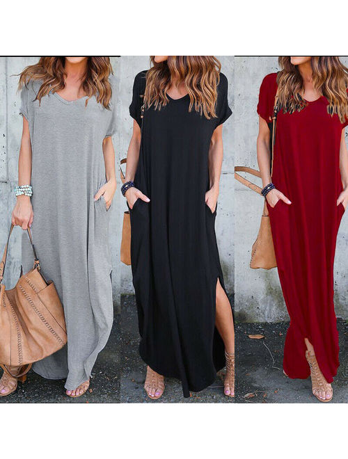 Women T-Shirt Long Maxi Dress Split Evening Party Shirt Dress Summer Beach Dress