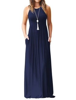 Women Round Neck Sleeveless Pure Color Long Dress with Pocket