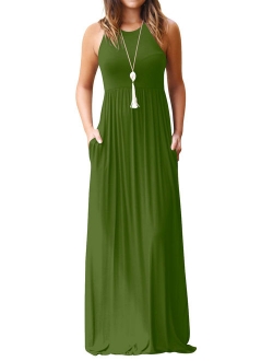 Women Round Neck Sleeveless Pure Color Long Dress with Pocket