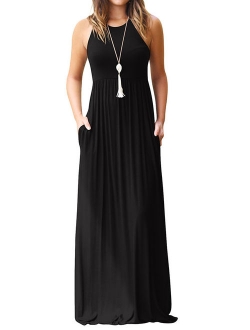 Women Round Neck Sleeveless Pure Color Long Dress with Pocket