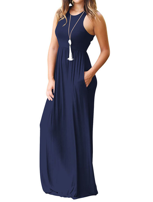 Women Round Neck Sleeveless Pure Color Long Dress with Pocket