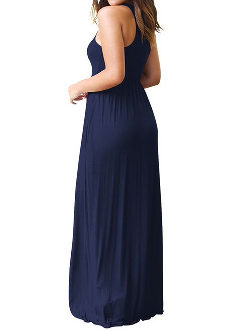 Women Round Neck Sleeveless Pure Color Long Dress with Pocket