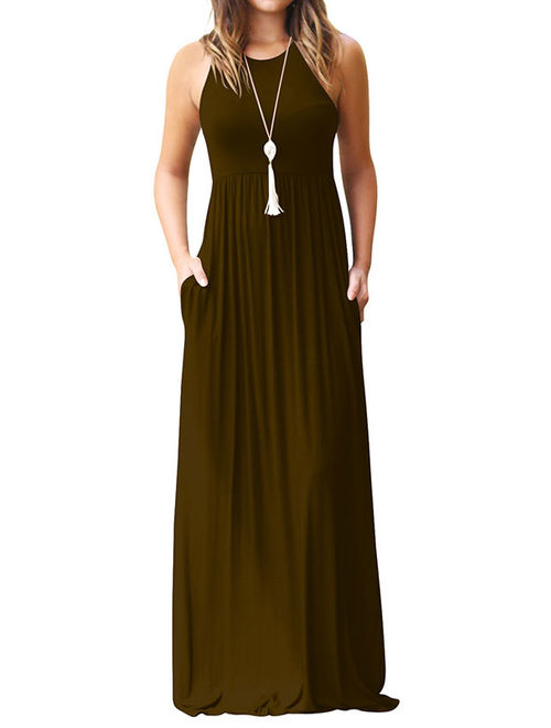 Women Round Neck Sleeveless Pure Color Long Dress with Pocket