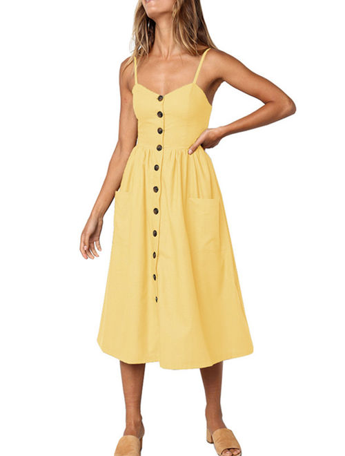 Womens Summer Holiday Beach Bardot Button Through Ladies Sling Long Smock Sun Dress