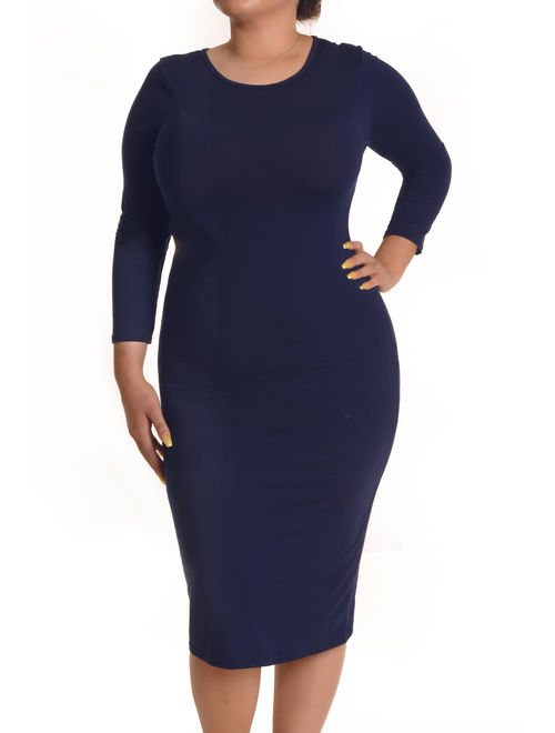 Women's 3/4 Sleeve Midi Bodycon Dress (Black, Medium)