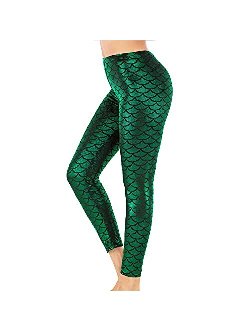 Alaroo Halloween Shiny Fish Scale Mermaid Leggings for Women Pants S-4XL