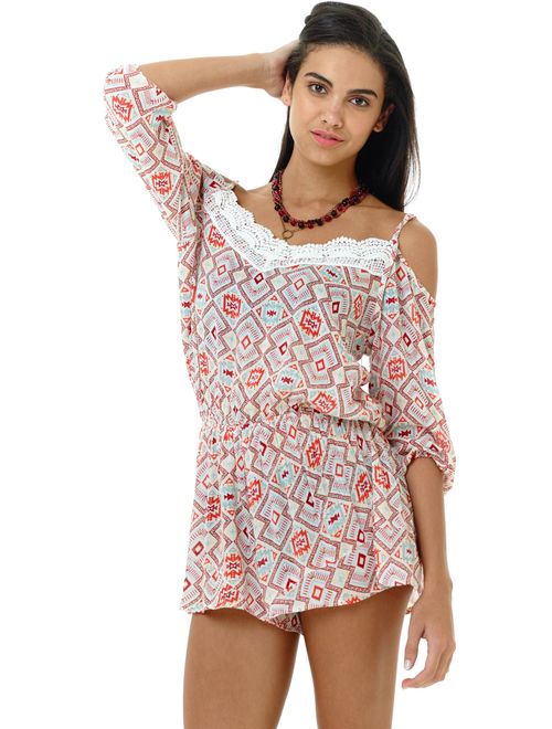 Lagaci South of the Border Gauze Crochet Detail Off Shoulder Romper, Orange