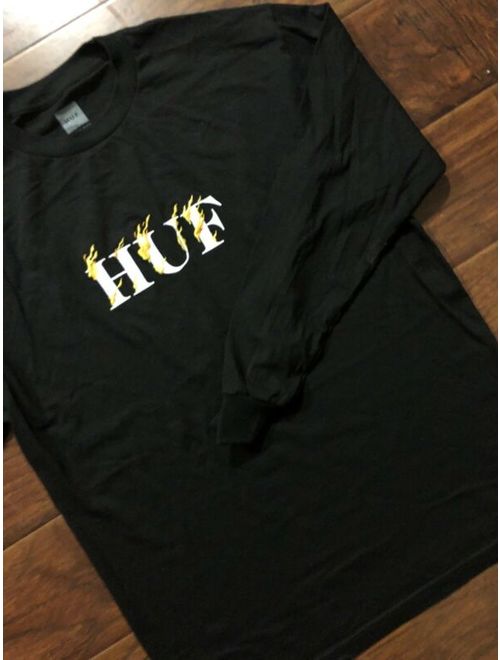 HUF Embroided Black Long Sleeve Tee Shirt Size Large