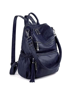 Women Backpack Purse PU Washed Leather Convertible Ladies Rucksack Tassel Zipper Pocket Shoulder Bag