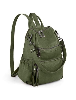 Women Backpack Purse PU Washed Leather Convertible Ladies Rucksack Tassel Zipper Pocket Shoulder Bag