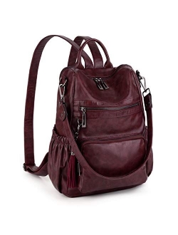 Women Backpack Purse PU Washed Leather Convertible Ladies Rucksack Tassel Zipper Pocket Shoulder Bag