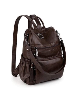 Women Backpack Purse PU Washed Leather Convertible Ladies Rucksack Tassel Zipper Pocket Shoulder Bag