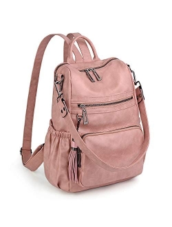 Women Backpack Purse PU Washed Leather Convertible Ladies Rucksack Tassel Zipper Pocket Shoulder Bag