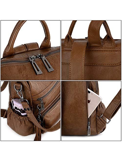 UTO Women Backpack Purse PU Washed Leather Convertible Ladies Rucksack Tassel Zipper Pocket Shoulder Bag