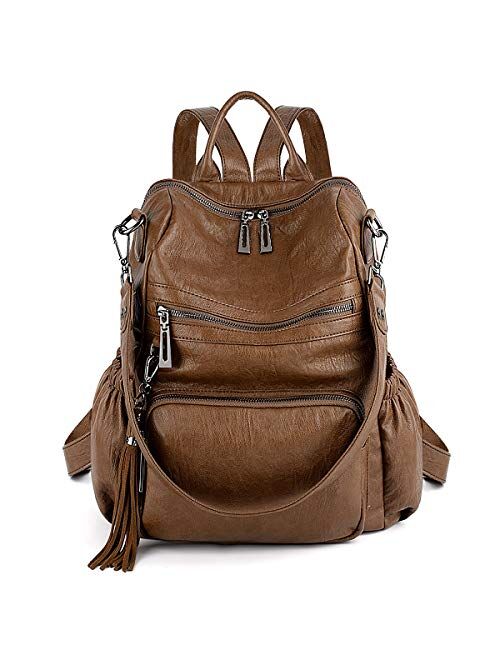 UTO Women Backpack Purse PU Washed Leather Convertible Ladies Rucksack Tassel Zipper Pocket Shoulder Bag