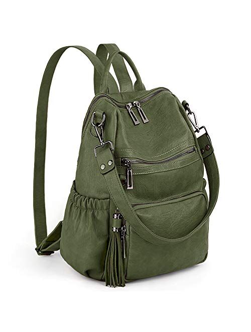 UTO Women Backpack Purse PU Washed Leather Convertible Ladies Rucksack Tassel Zipper Pocket Shoulder Bag