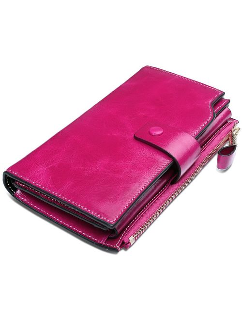 YALUXE Genuine Leather Wallet Women's RFID Blocking Large Capacity Luxury Wax Clutch Multi Card Organizer