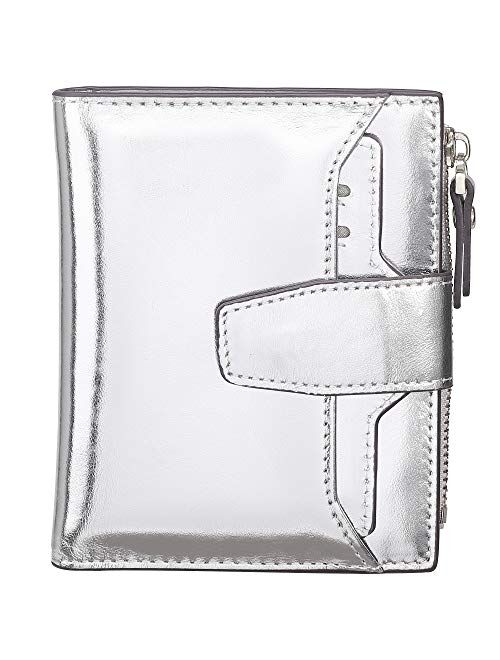 AINIMOER Women's RFID Blocking Leather Small Compact Bi-fold Zipper Pocket Wallet Card Case Purse with id Window