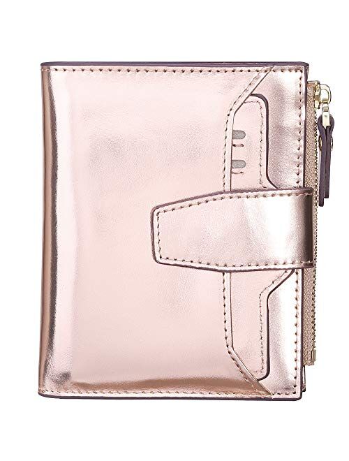 AINIMOER Women's RFID Blocking Leather Small Compact Bi-fold Zipper Pocket Wallet Card Case Purse with id Window