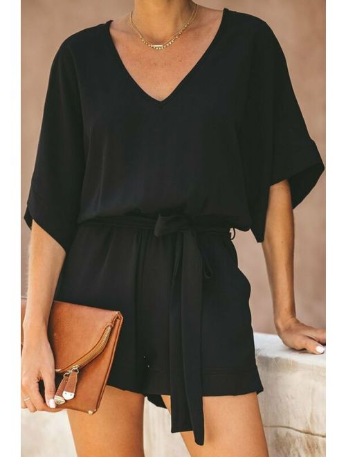 Black Casual Spring Scene Pocketed Tie Romper