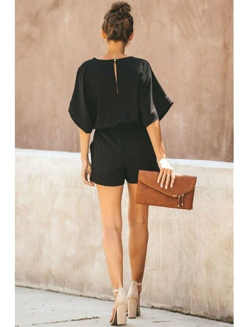 Black Casual Spring Scene Pocketed Tie Romper