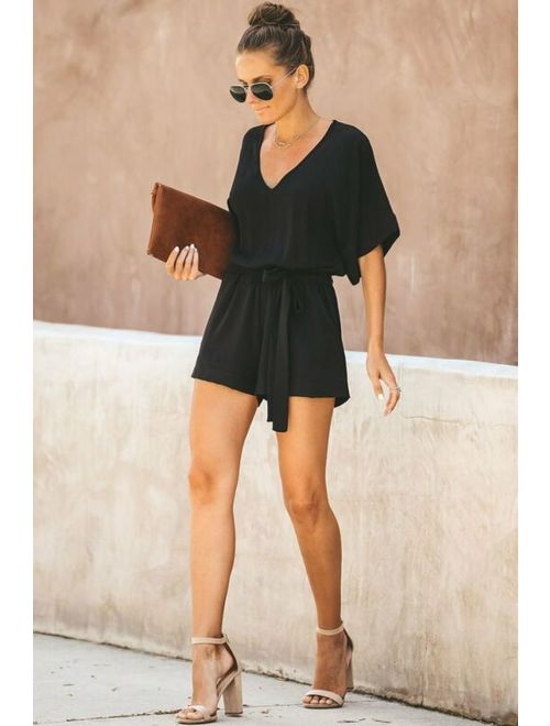 Black Casual Spring Scene Pocketed Tie Romper