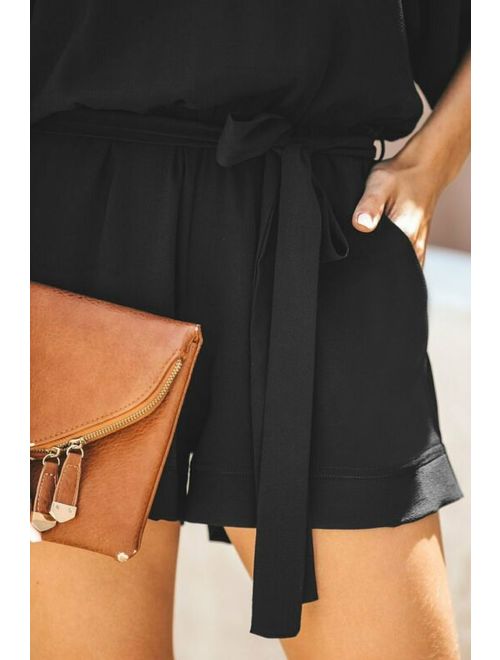 Black Casual Spring Scene Pocketed Tie Romper