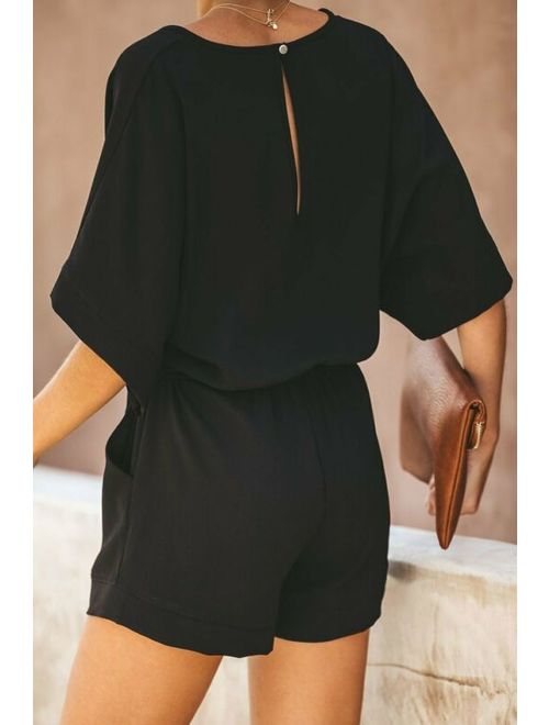 Black Casual Spring Scene Pocketed Tie Romper