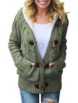 Sidefeel Women Hooded Knit Cardigans Button Cable Sweater Coat