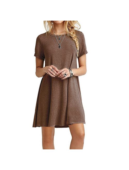 Summer Fashion Round Neck Basic Short Sleeve T-Shirt Dress Women Casual Loose A-line Ruffles Beach Dress