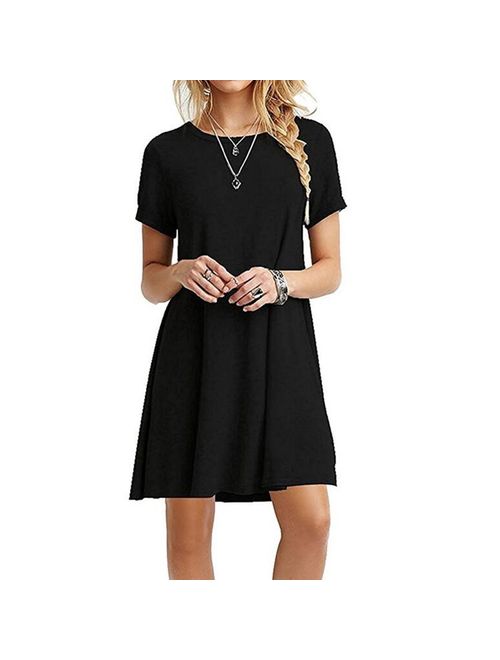 Summer Fashion Round Neck Basic Short Sleeve T-Shirt Dress Women Casual Loose A-line Ruffles Beach Dress