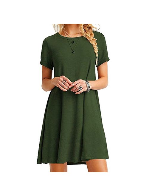 Summer Fashion Round Neck Basic Short Sleeve T-Shirt Dress Women Casual Loose A-line Ruffles Beach Dress