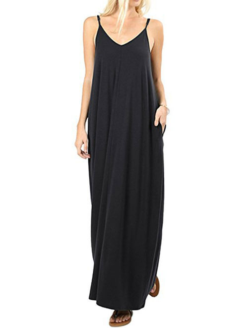 Women Boho Spaghetti Strap Sleeveless Casual Baggy Long Maxi Dresses Loose V-neck Evening Party Holiday Beach Sundress