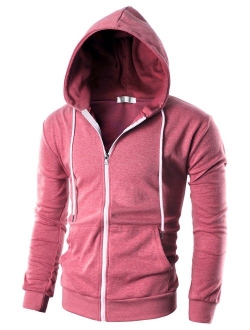 OHOO Mens Slim Fit Long Sleeve Lightweight Zip-up Hoodie with Kanga Pocket