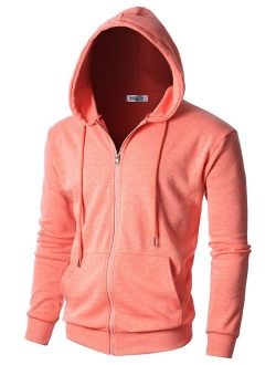 OHOO Mens Slim Fit Long Sleeve Lightweight Zip-up Hoodie with Kanga Pocket