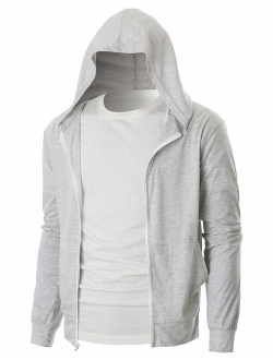 OHOO Mens Slim Fit Long Sleeve Lightweight Zip-up Hoodie with Kanga Pocket