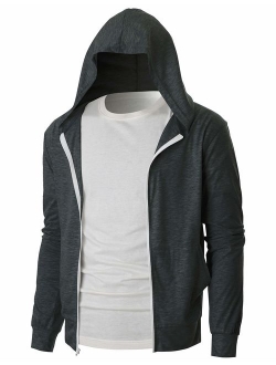 OHOO Mens Slim Fit Long Sleeve Lightweight Zip-up Hoodie with Kanga Pocket