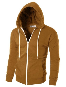 OHOO Mens Slim Fit Long Sleeve Lightweight Zip-up Hoodie with Kanga Pocket