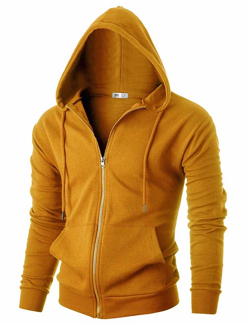 OHOO Mens Slim Fit Long Sleeve Lightweight Zip-up Hoodie with Kanga Pocket