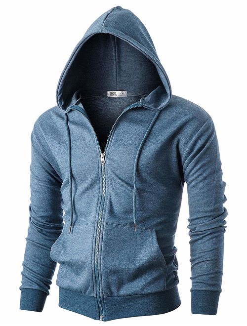 OHOO Mens Slim Fit Long Sleeve Lightweight Zip-up Hoodie with Kanga Pocket