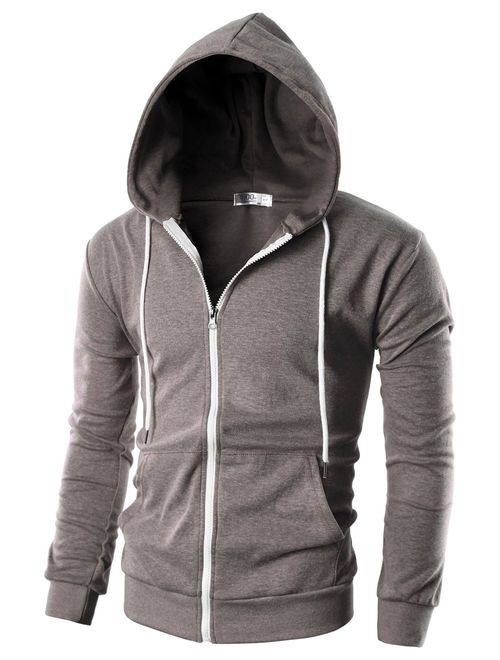 OHOO Mens Slim Fit Long Sleeve Lightweight Zip-up Hoodie with Kanga Pocket