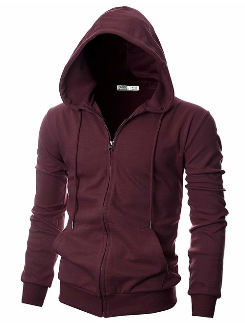 OHOO Mens Slim Fit Long Sleeve Lightweight Zip-up Hoodie with Kanga Pocket