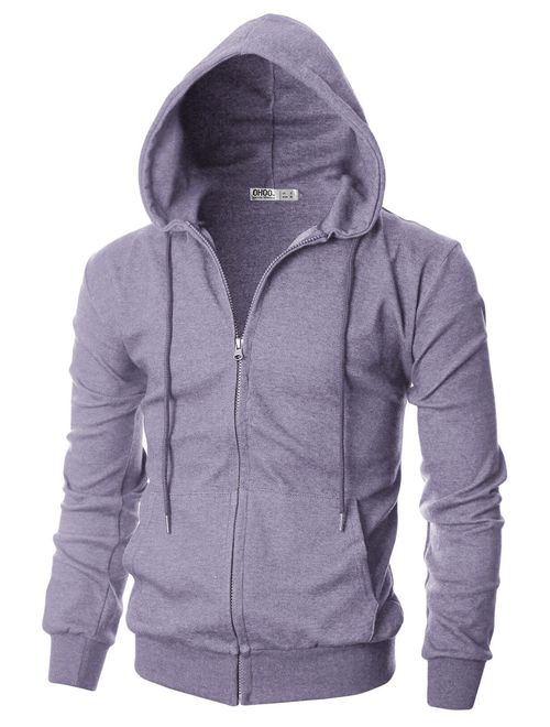 OHOO Mens Slim Fit Long Sleeve Lightweight Zip-up Hoodie with Kanga Pocket