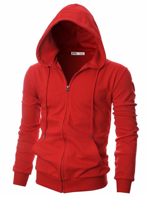 OHOO Mens Slim Fit Long Sleeve Lightweight Zip-up Hoodie with Kanga Pocket